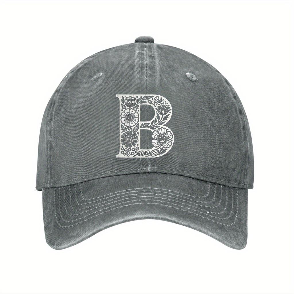 Floral Letter B Monogram Baseball Cap Unisex Washed Denim Adjustable Casual Cap