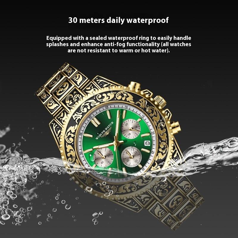 Top Brand Multifunctional Men's Watch Retro Luminous Carved Quartz Calendar Watch