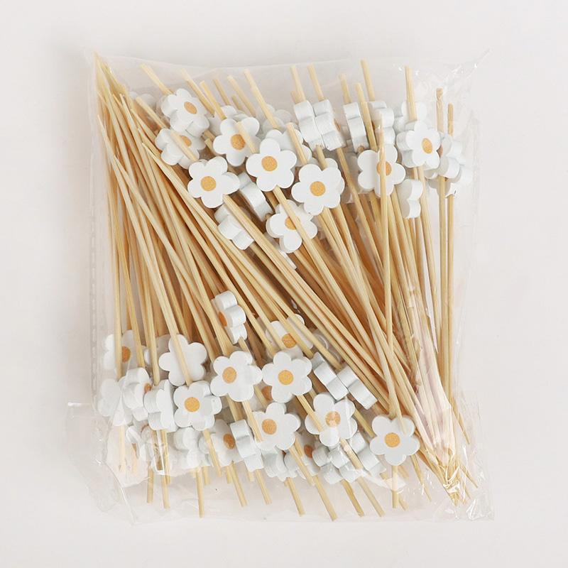 100Pcs Daisy Flower Disposable Bamboo Food Picks Dessert Fruit Forks Kids Birthday Party Wedding Supplies Baby Shower Decoration