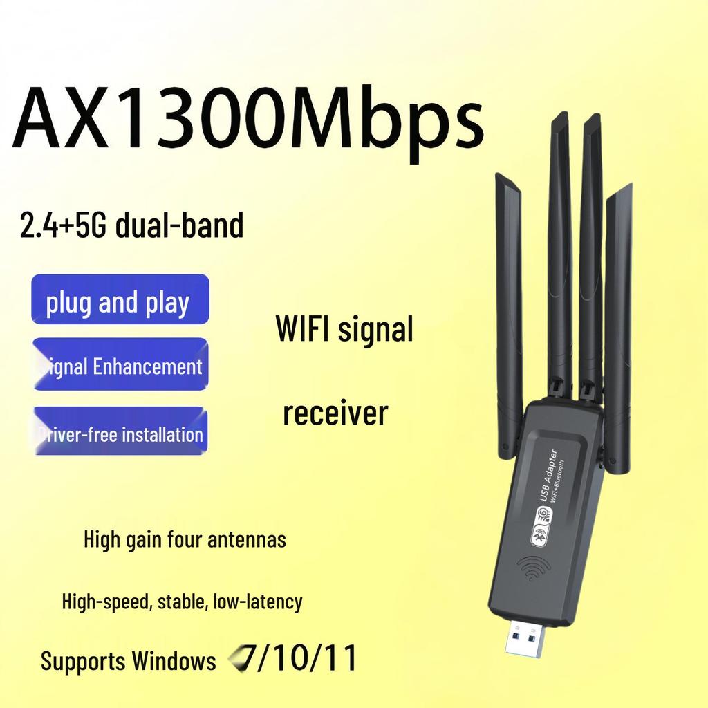 Driver-Free 5G Dual-Band USB WiFi Adapter with 1300M Gigabit Speed