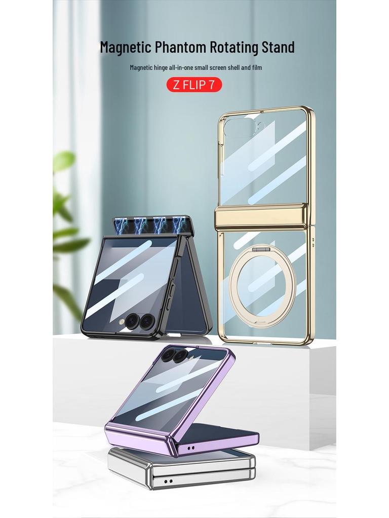 Samsung Z Flip7 Case: 360° Rotating Stand with Wireless Charging, Flip6 Compatible, Transparent Protective Hinge Cover