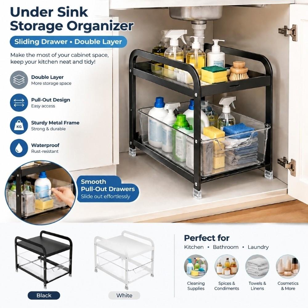 PET Clear Drawer Under Counter Organizer Anti Slip Foot Pull Out Drawer Basket for Kitchen Cabinet