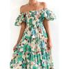 Women's Fashion Summer Spring Flower Pattern Print Short Sleeve One Shoulder High Waist Casual Dresses