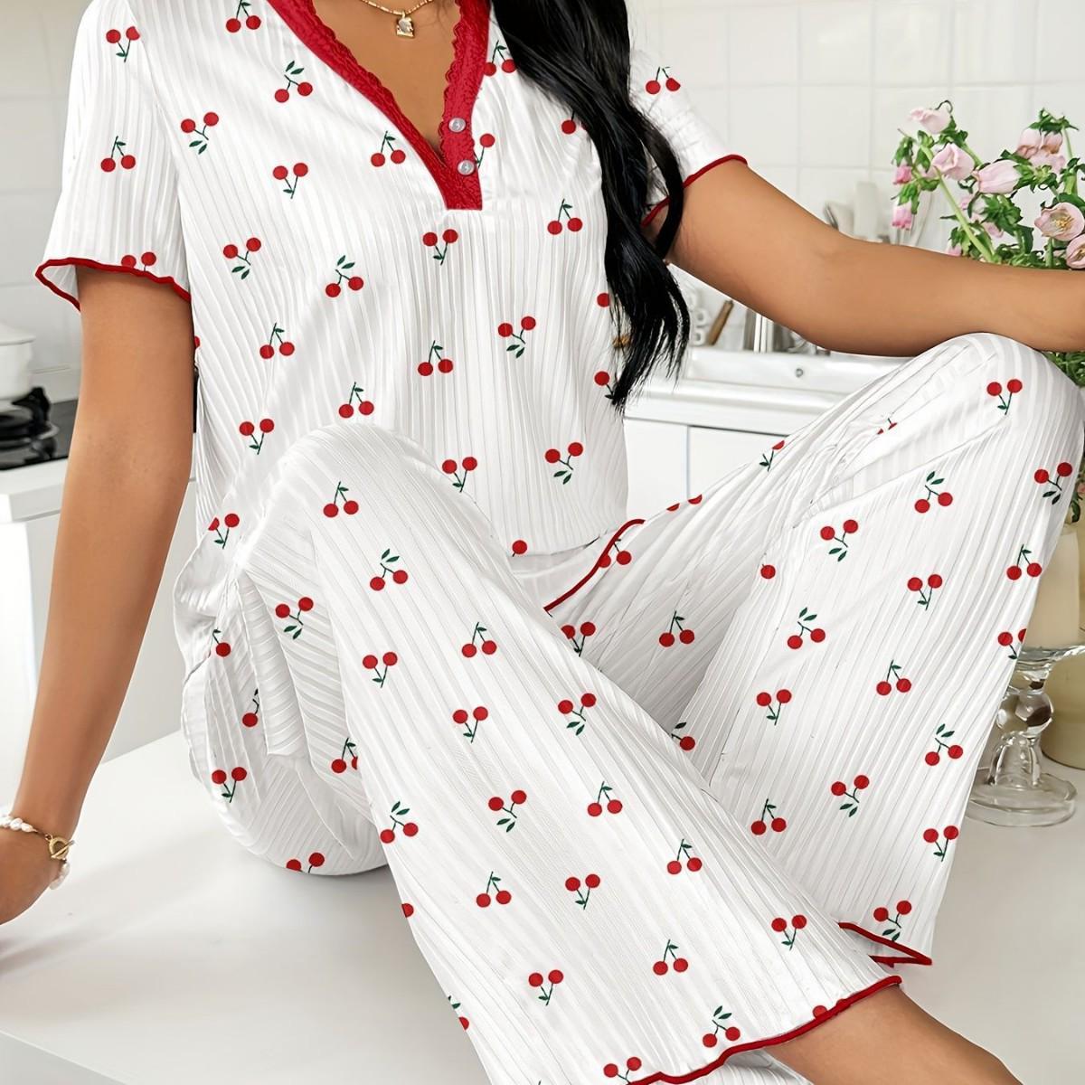 

Women s Printed Short Sleeve Long Pants Pajama Set - Comfortable Stretchy Home Wear L