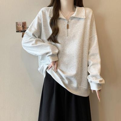 Real Shot Half Zipper Lo Lapel Long-sleeved Sweater Women's Season Thin Loose and Thin Top