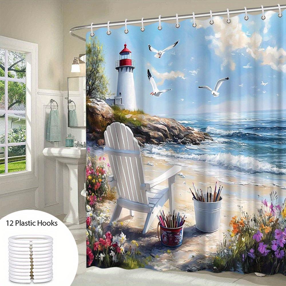 Serene Beach Scene Shower Curtain - Adirondack Chair, Lighthouse, Seagulls & Flowers, Polyester, 12 Hooks, Coastal Theme