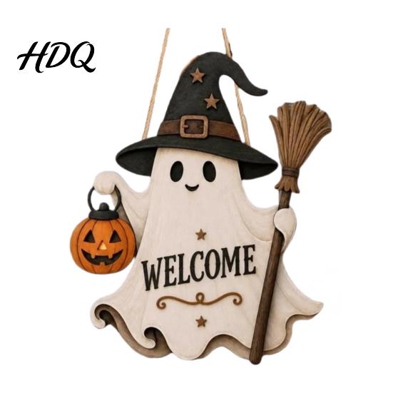 Spooky Halloween Decoration Wooden Hanging Door Sign Cute Ghost Welcome Ornament
