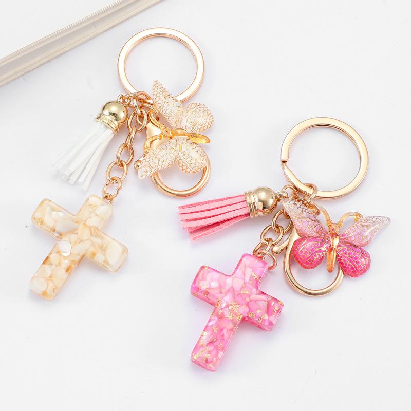 Resin Cross Keychain Butterfly Tassel Stone Cross Pendant Classic Retro Durable Key Ring Creative Gift And Practical Bag Accessory