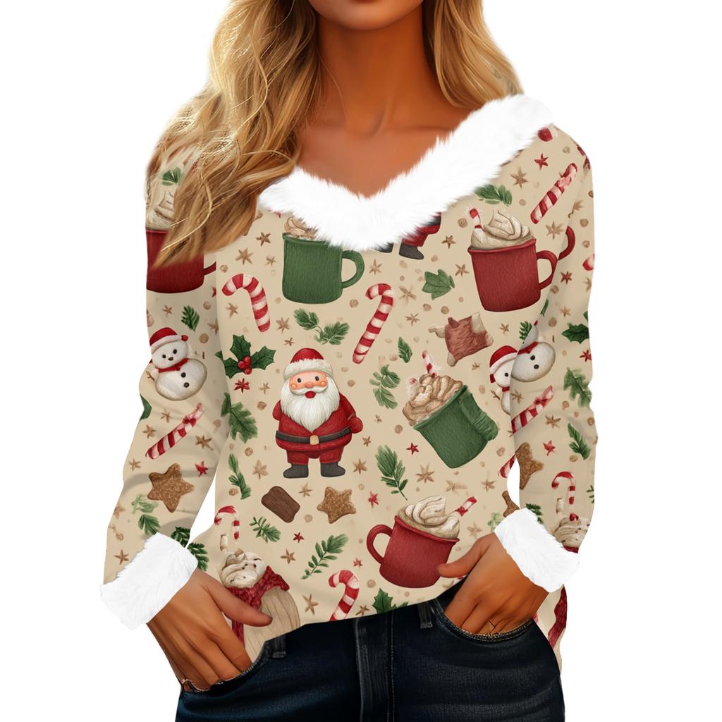 Women's Casual Fashion Long Sleeve Christmas Printed Flannel Collar Top