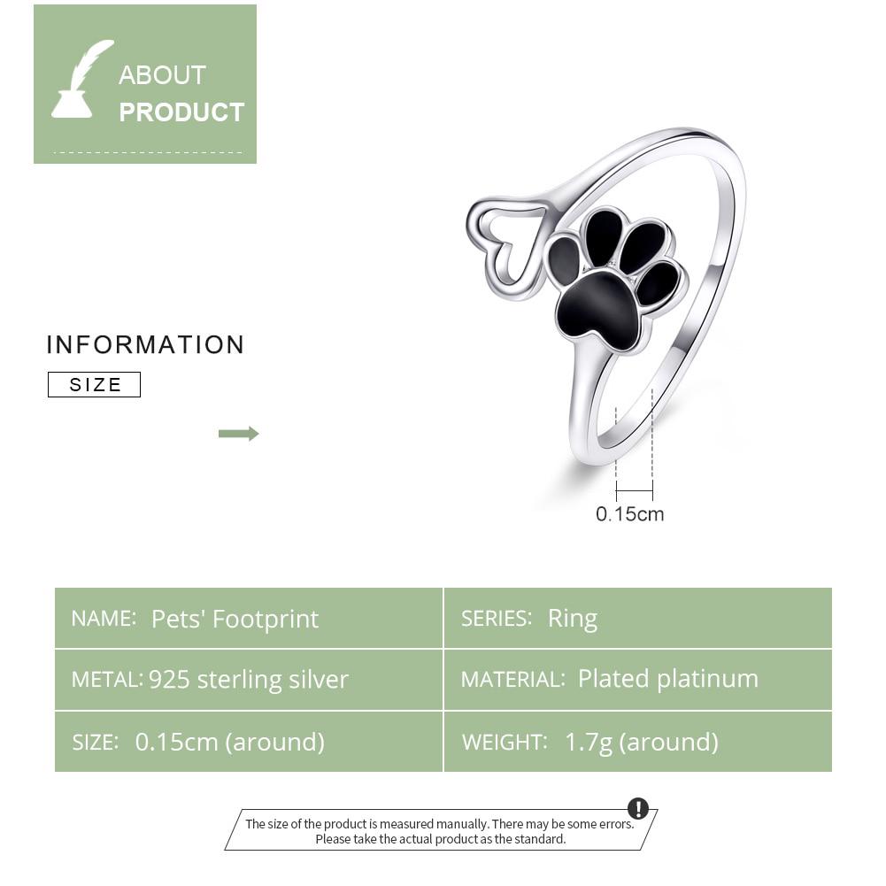 BAMOER Authentic Sterling Silver 925 Black Enamel Dog Paw Heart Adjustable Finger Rings for Women