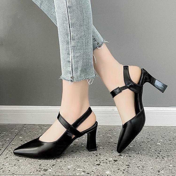 Baotou Sandals Women's Summer Spring 2025 New Thick Heel Medium Heel One Word with Fashion Women's Shoes Casual High Heel