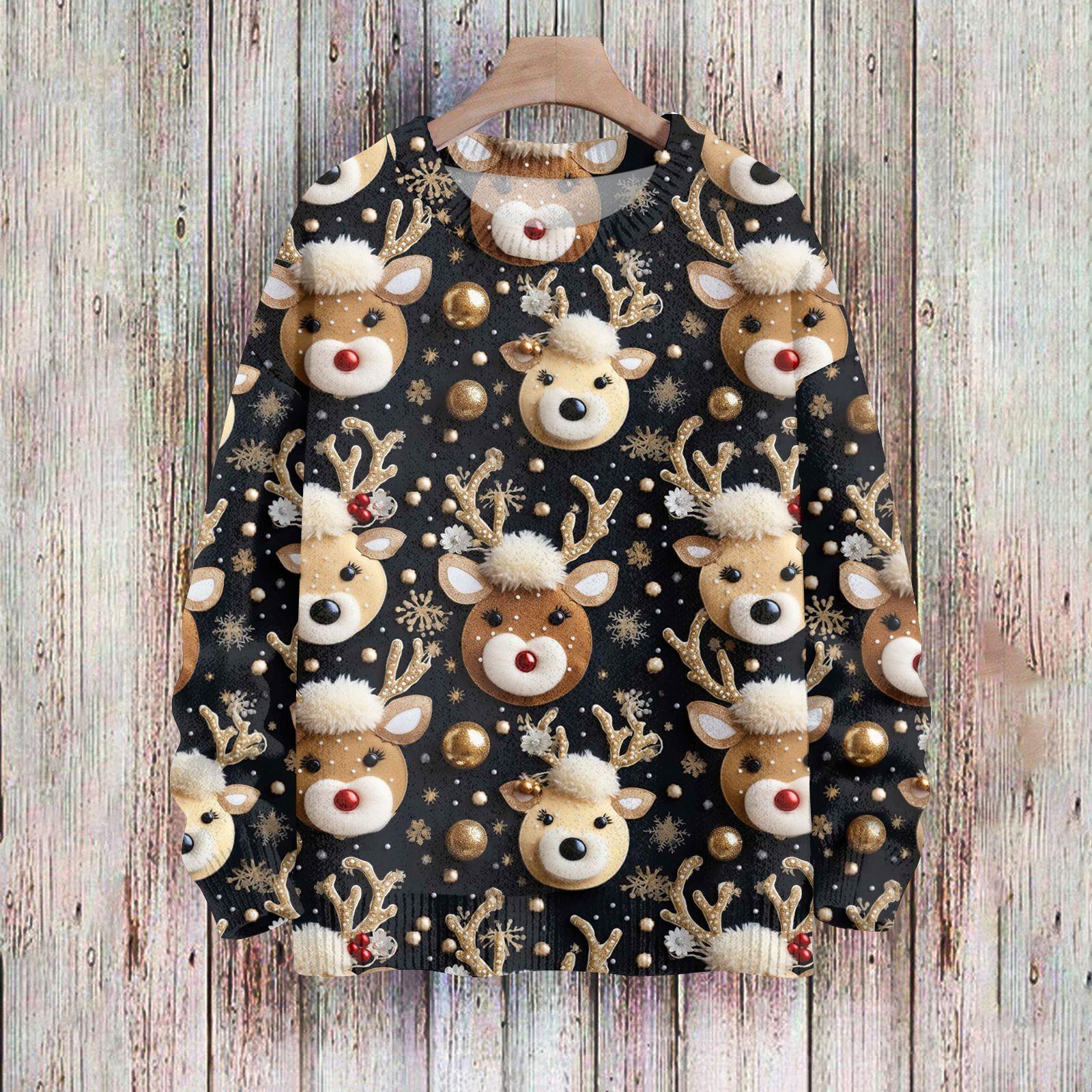 

Рождественские толстовки для женщин Вязаный свитер Милая рубашка Осенний свитер с круглым вырезом Топы M чёрный