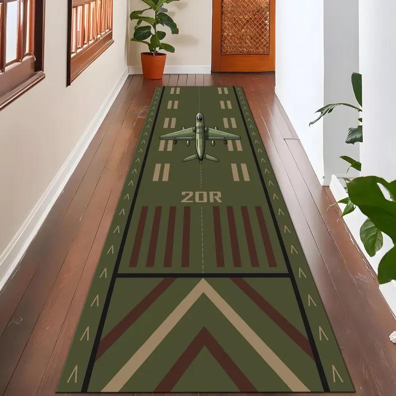 Airplane Runway Runner Rug Glow-Inspired Airport Hallway Carpet for Kids Pilot Gift Aviation Themed Modern Floor Mat Bedroom