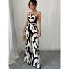 Sommer-Neckholder-Jumpsuit mit abstraktem Print und Bindegürtel, weites Bein
