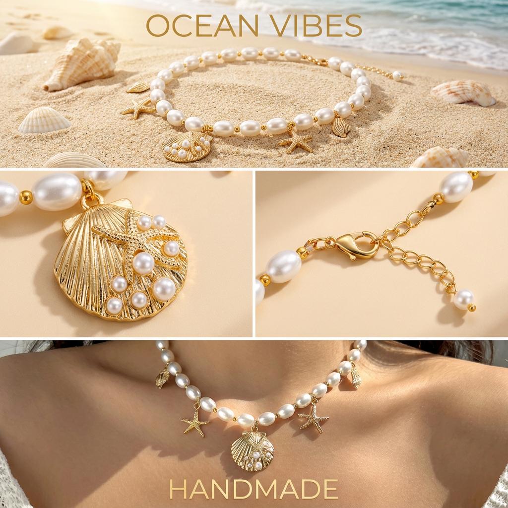 Bohemian Imitation Pearl Choker Necklace for Women Gold Color Shell Starfish Pendant Collar Summer Beach Vacation Jewelry Gift