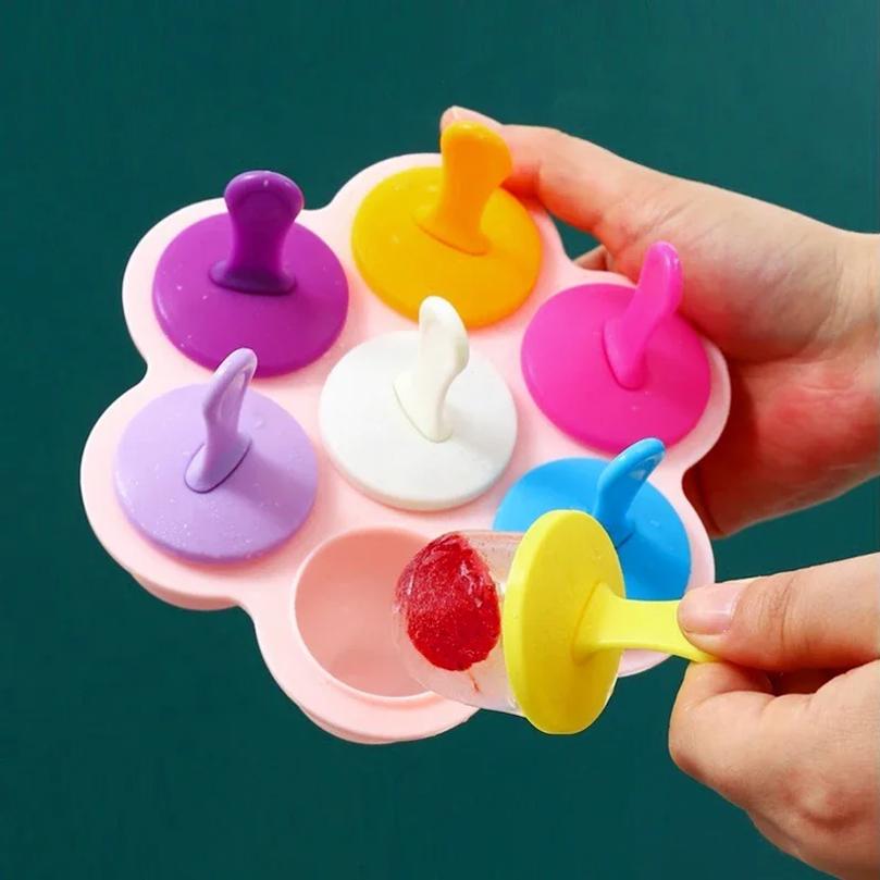 7 Grids DIY Ice Cream Popsicle Silicone Mold Ice Cream Ball Maker Popsicles Molds Baby Fruit Shake Home Kitchen Accessories Tool