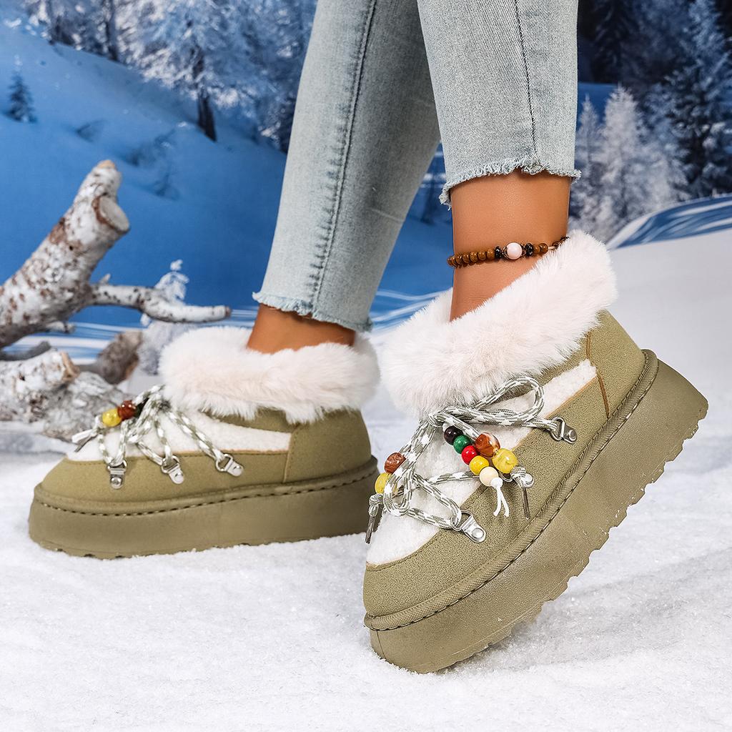 Fashion Fluffy Platform Snow Boots Women Winter 2025 String Bead Decor Faux Fur Cotton Shoes Woman Thick Plush Warm Ankle Boots