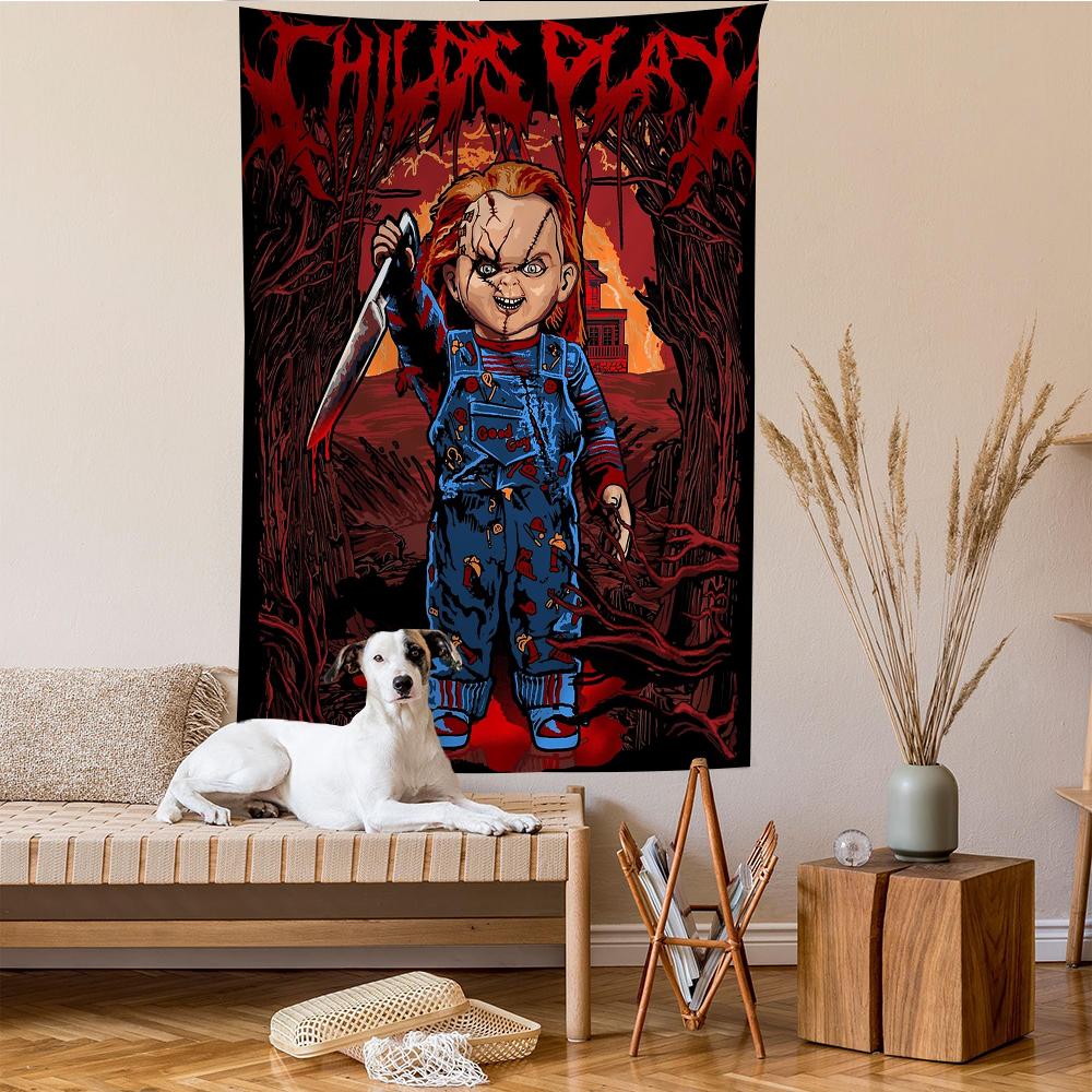 VIKAMA Ghost Baby Chucky Tapestry Bloody Art Living Room Decorative Fabric Horror Movie Theme Bedroom Game Room Tapestry