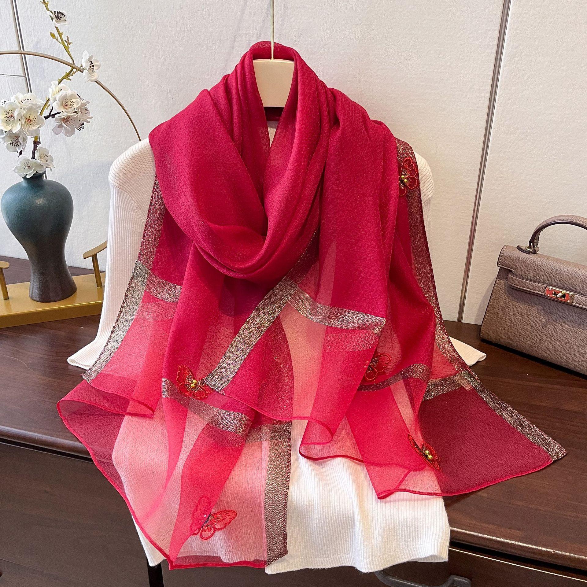 

Новый модный шарф с вышивкой бабочками и бисером для защиты от солнца и ветра, темпераментная шаль, тонкий шарф из искусственного шелка 180*70cm