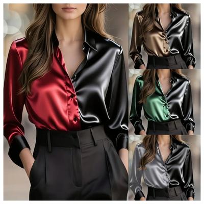 2026 New Elegant Double Color Splicing Office Womens Shirt Lapel Buttons Long Sleeve Loose Blouse Fashion Casual Simple Tops Clothing