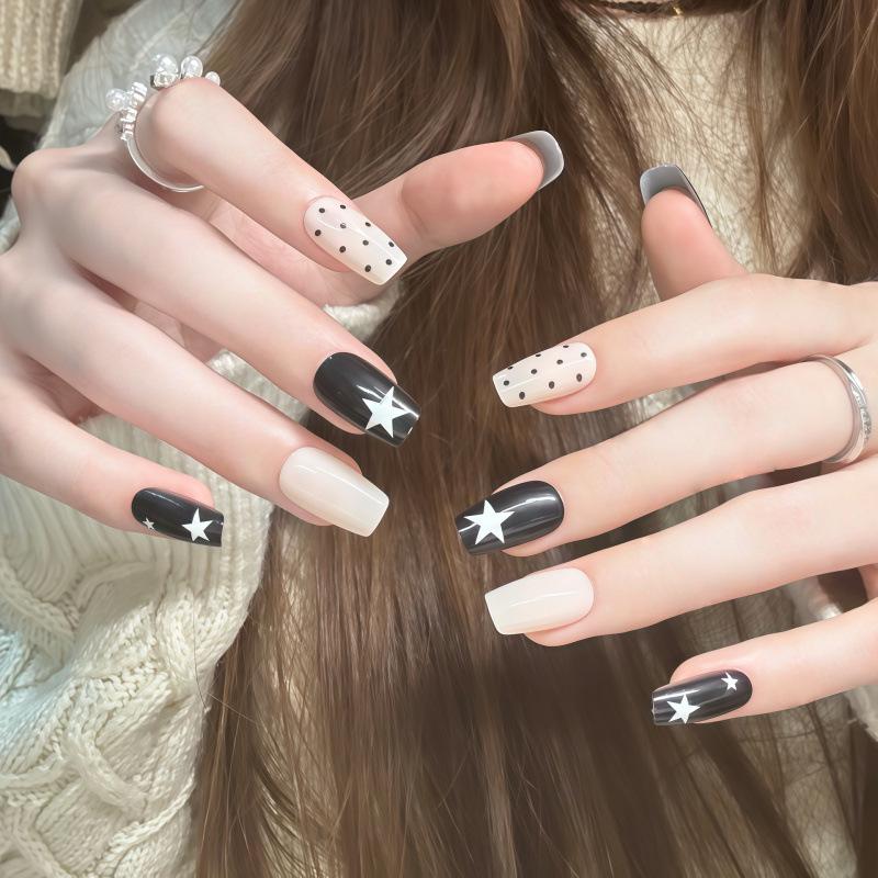 Detachable Milky White Manicure: Black & White Stars Short Soft Nail Stickers