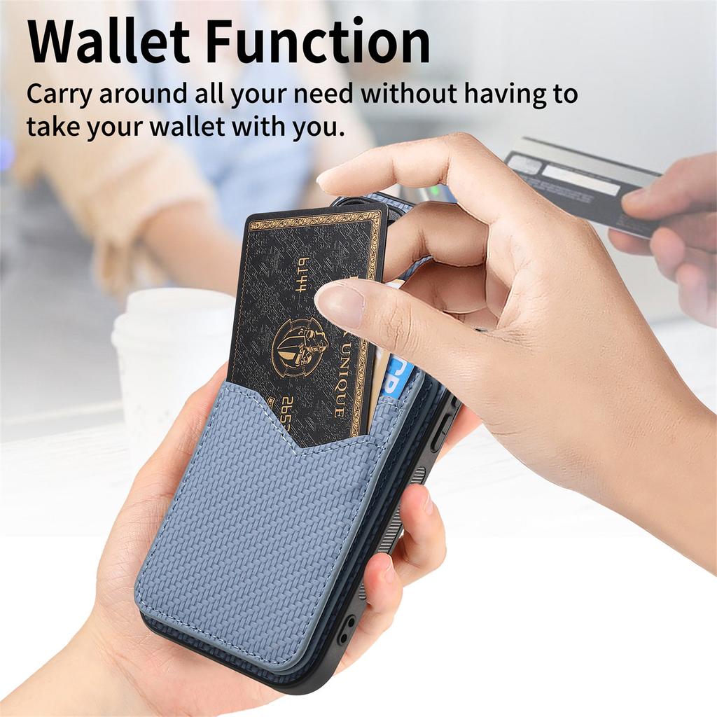 For iPhone 17 Pro Magnetic Case Carbon Fiber Texture Back Cover with Detachable Card Holder