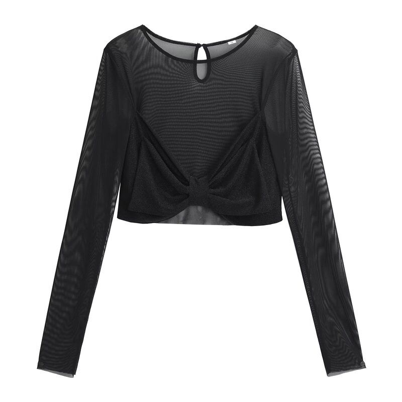 Fashion 2024 Spring New Arrival Women's Clothing Fashion Long Sleeve Mesh See-through Big Bow High Waist Crop Top