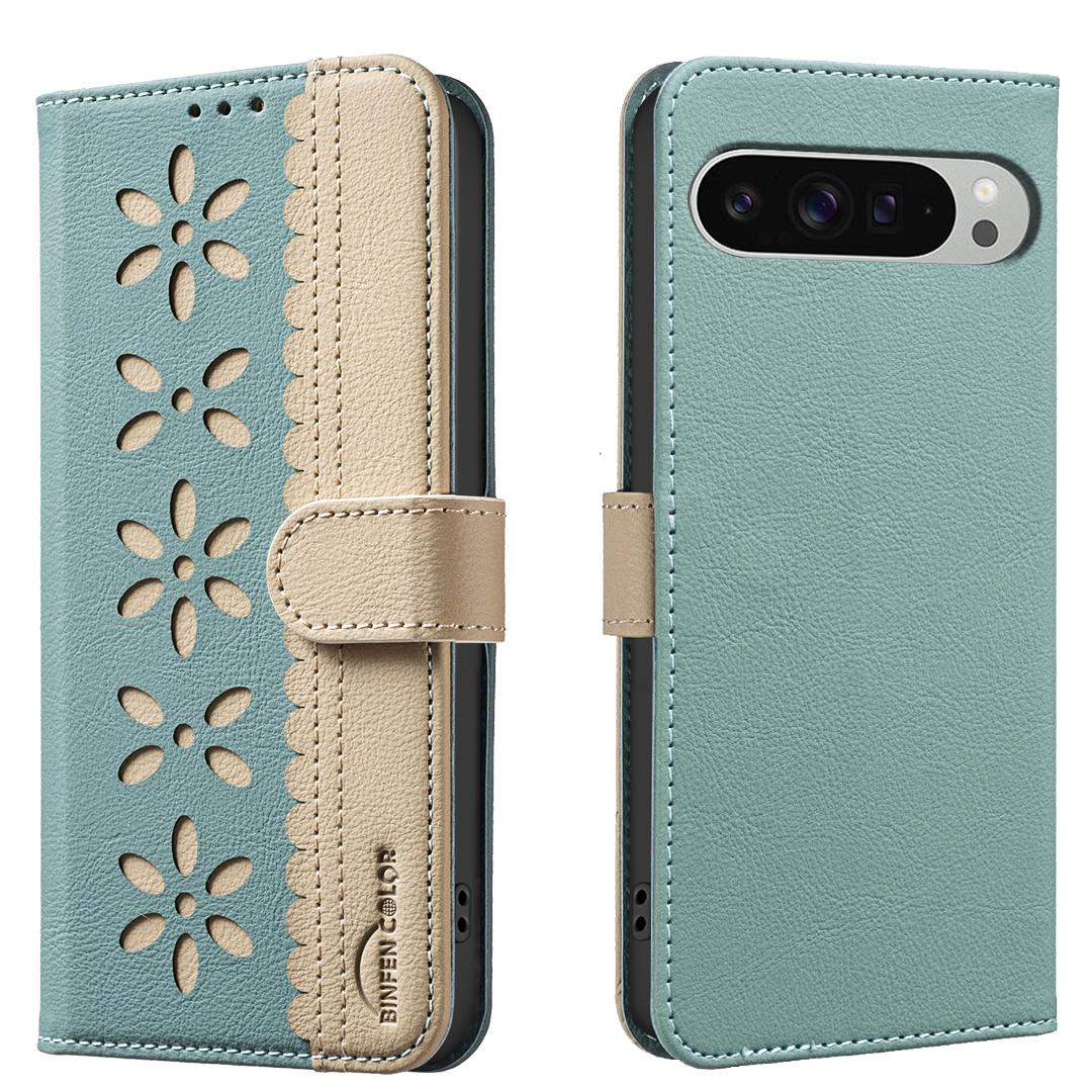 

For Google Pixel 9 Pro XL Leather Case BINFEN COLOR BF36 Floral Pattern Phone Cover RFID Blocking Wallet Stand Green