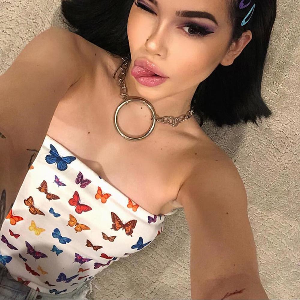 NEW Summer Women Butterfly Pattern Print Top Colorful Slash Neck Tank Strapless Crop Top Camis Summer Casual Outwear