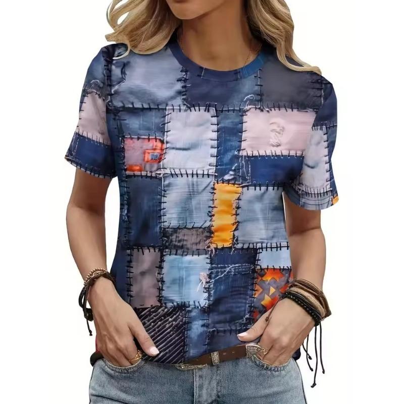 Summer Classic Women's T-shirt Round Neck Short Sleeve Tops 3D Plaid Pattern Print Outdoor T Shirts Casual Oversize Clothing