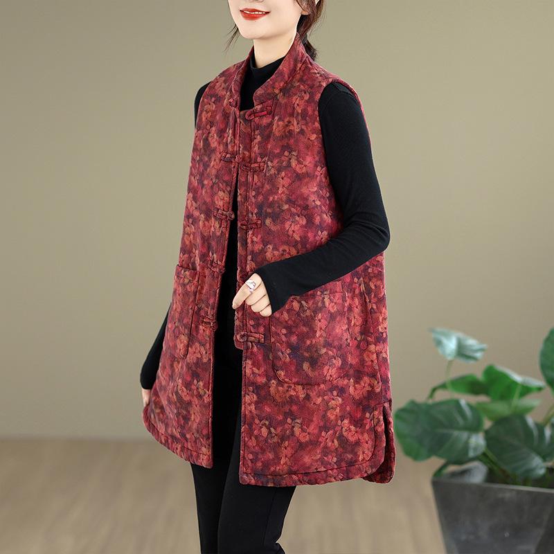 Retro Chinese Stand Collar Frog Button Printed Padded Vest - Winter 2026 Mid-Length Sleeveless Design