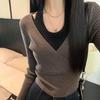 New Korean Color Block Layered Halter Knit Sweater - Women's Slim Fit Short Top for Autumn/Winter Collection.