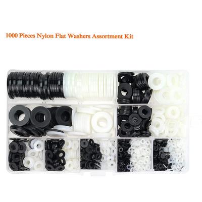 1000-Piece Black Nylon Flat Washer Set - Insulating Plastic Gaskets In Box.