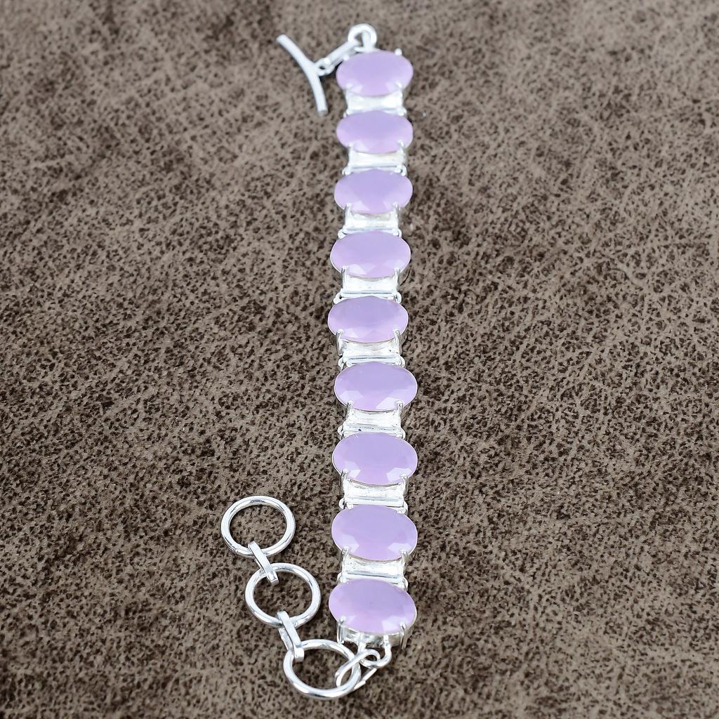 Pink Chalcedony Gemstone Handmade 925 Sterling Silver Bracelet 7-8" KKG-136