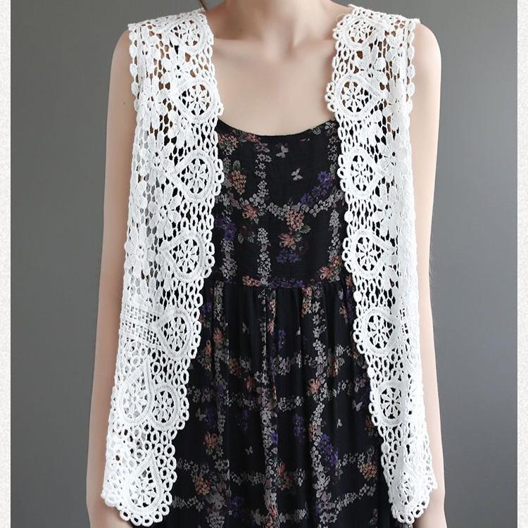 Summer Women Lace Vest Loose Cut-out Cardigan Vest Bohemian Style Cotton Woven Open Front Vest Thin Outwear