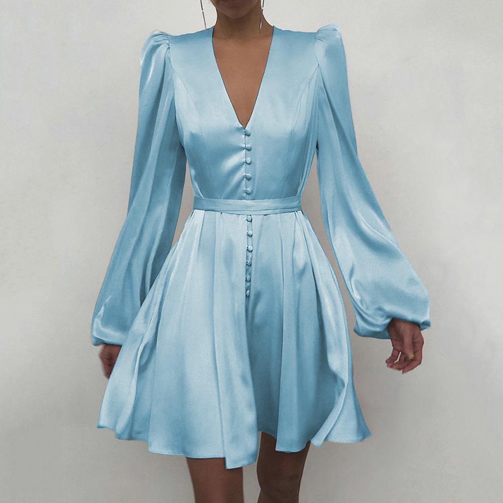 Jarní Dámské Nový design Feeling Lucer Rukávy Saténový výstřih do V Temperamentní Slim Fit šaty