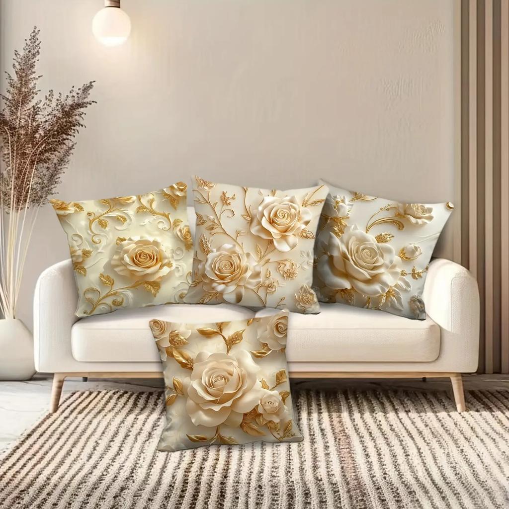 Gilded Cream Rose Pillowcase: Luxury 3D-Effect Floral Cushion Cover for Home Sofa Decor