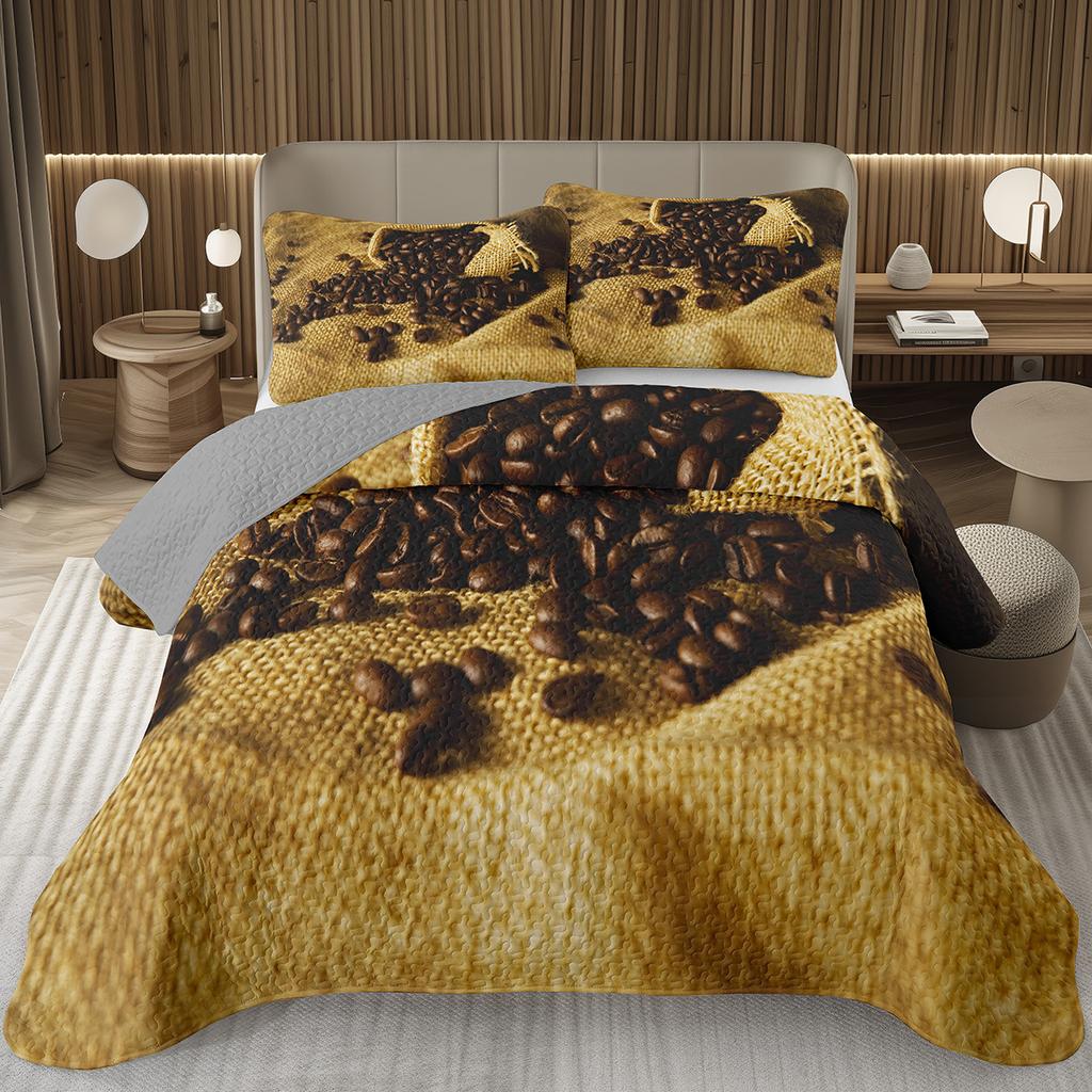 Single Twin Full Queen King Bedspread Set Coffee Bean Coverlet Set,Coffee Theme Bedding Set Coffee Lovers Gifts Room Decorations