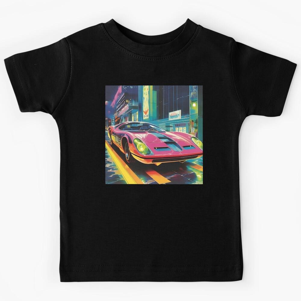 Retro Futuristic Vintage Pink Sports Car and Night City of the Future Kids T-Shirt 130