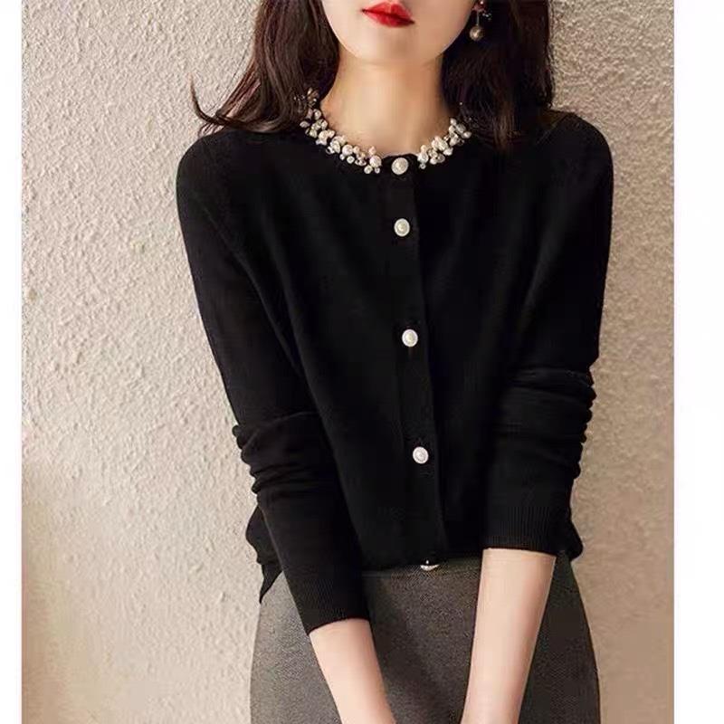 Heavy Industry Beaded Knitted Cardigan for Women Spring and Autumn New Design Long-sleeved Sweater