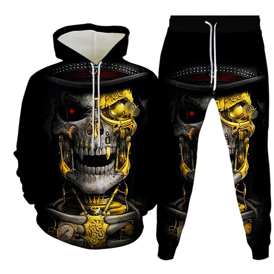 New Men's Tracksuit Sets Goth Punk Skull Fire 3D Printing Hoodies Pants Suit High Quality Skeletons Pullover Streetwear Oversized