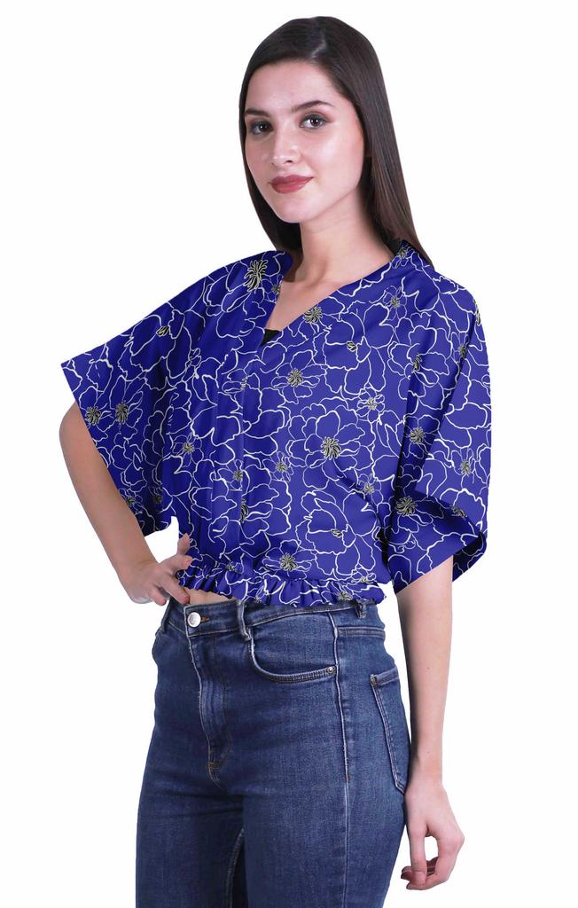 Moomaya Printed Boxy Sleeve Tops For Women V-Neck Elastic WaistA  Kimono Top