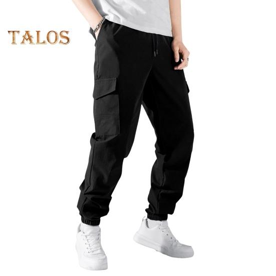 Men Cargo Pants Drawstring Elastic Waist Solid Color Muti Pockets Ankle-banded Loose Sport Trousers Daily Wear Casual Pants