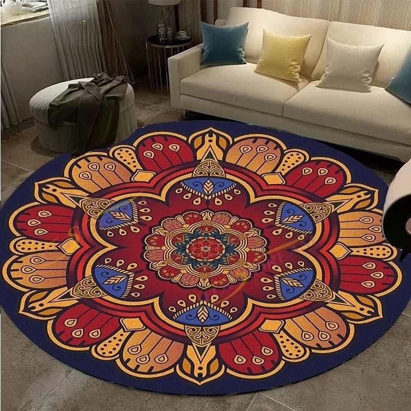 Retro Manhattan Round Printed Carpet Geometric Flower Area Carpet Rugs for Bedroom Washroom Floor Mat Carpets for Living Room