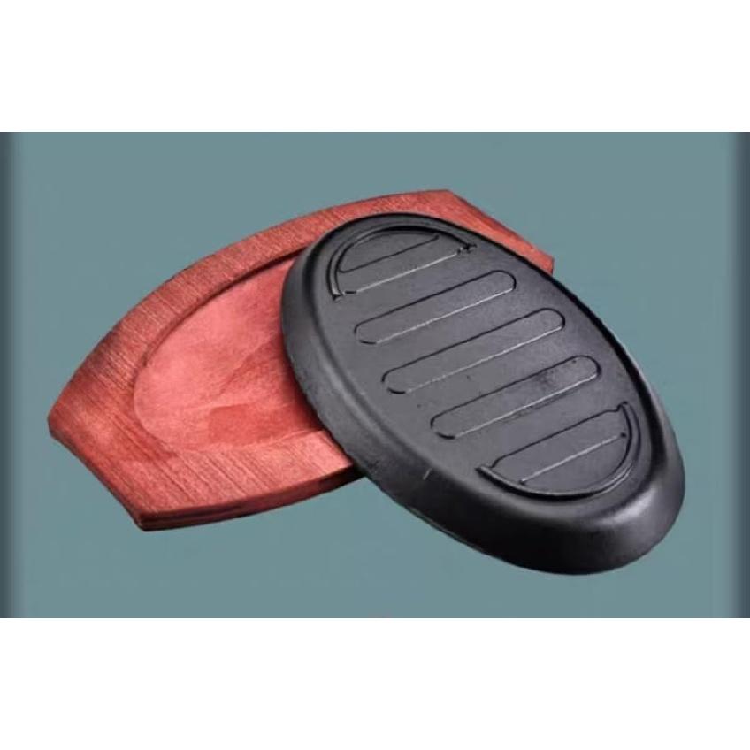 Oval Cast Iron Pan, Flat Frying Pan with Wooden Floor Pan, Grill Pan, Serving Tray, Multifunctional Oven Tray for Grilling Meat, Pancakes and Ribs
