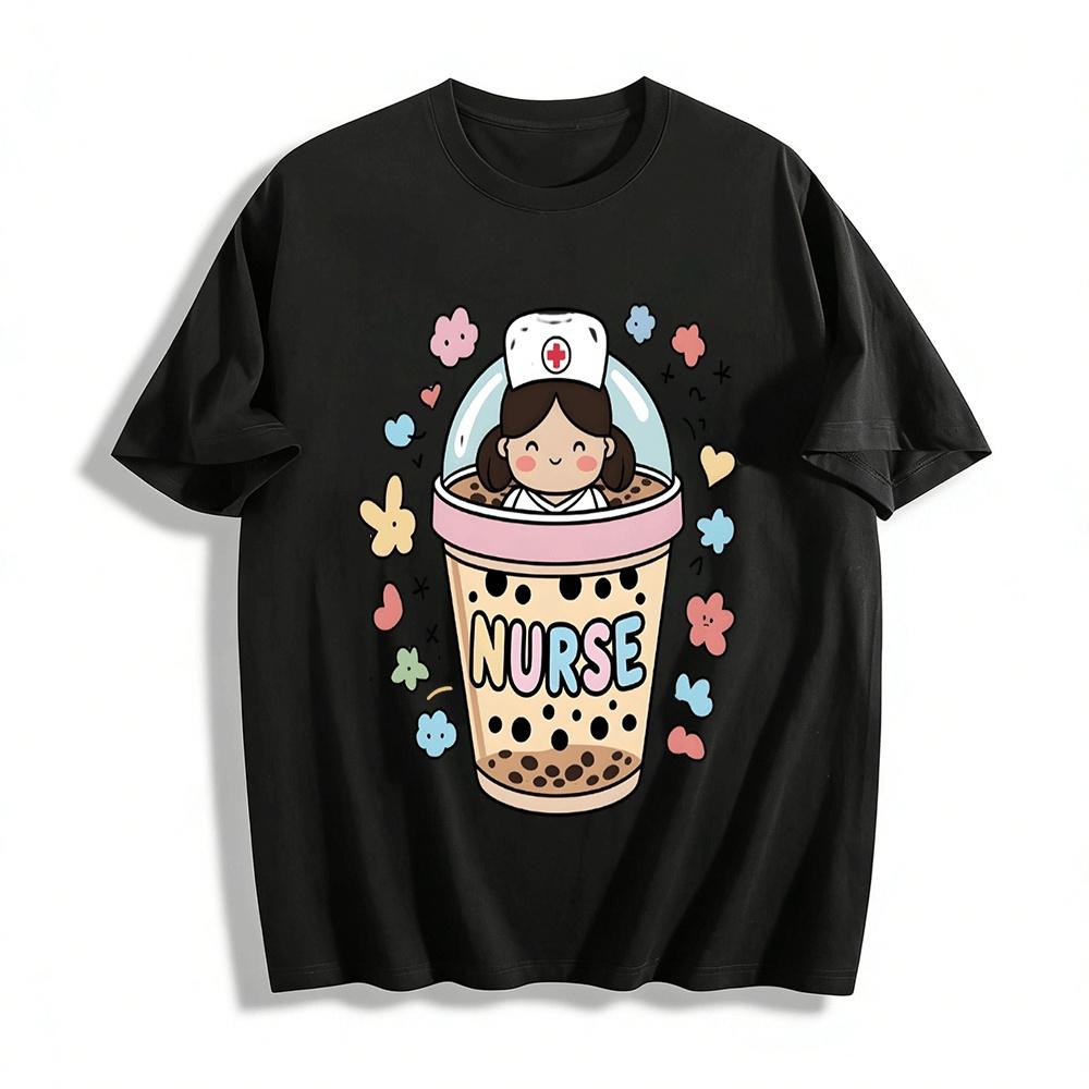 

Cute Nurse Boba Tea Print Casual Short Sleeve Top Pure cotton T-shirt XXS