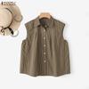 Women Casual Turn Down Collar Plaid Print Loose Sleeveless Vest Tops