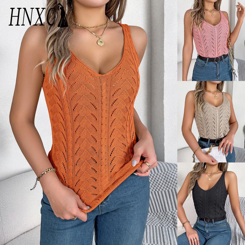 HNXC Spring Summer Solid-color V-neck Cut-out Sleeveless Knitted Sweater Vacation Vest Women's Wear