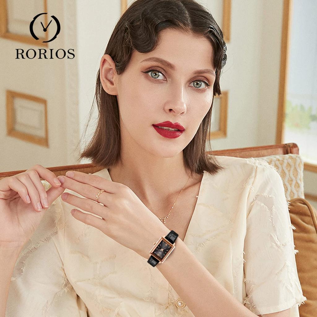 RORIOS Women's Watch, Popular, Lightweight, Square Analog, Japanese Movement, Stylish, Waterproof Quartz Watch with Leather Band, Casual Style,