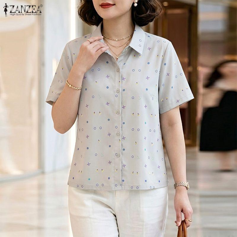 ZANZEA Women Casual Turn Down Collar Short Sleeve Print Blouse